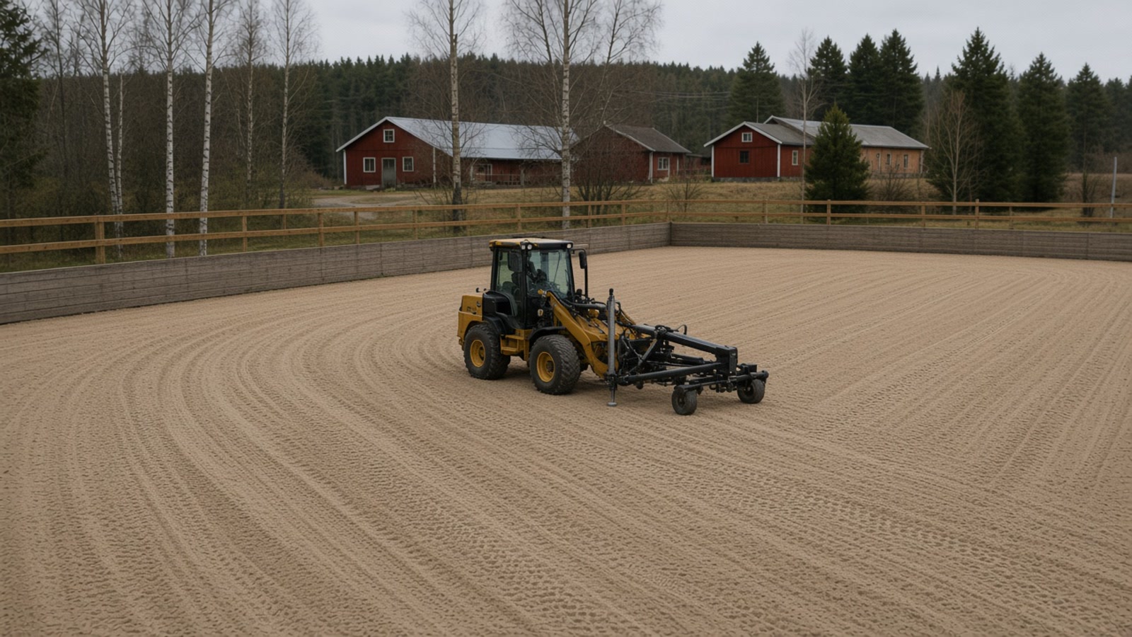 Hjullastare med harv jämnar sandunderlaget på en svensk utomhusridbana